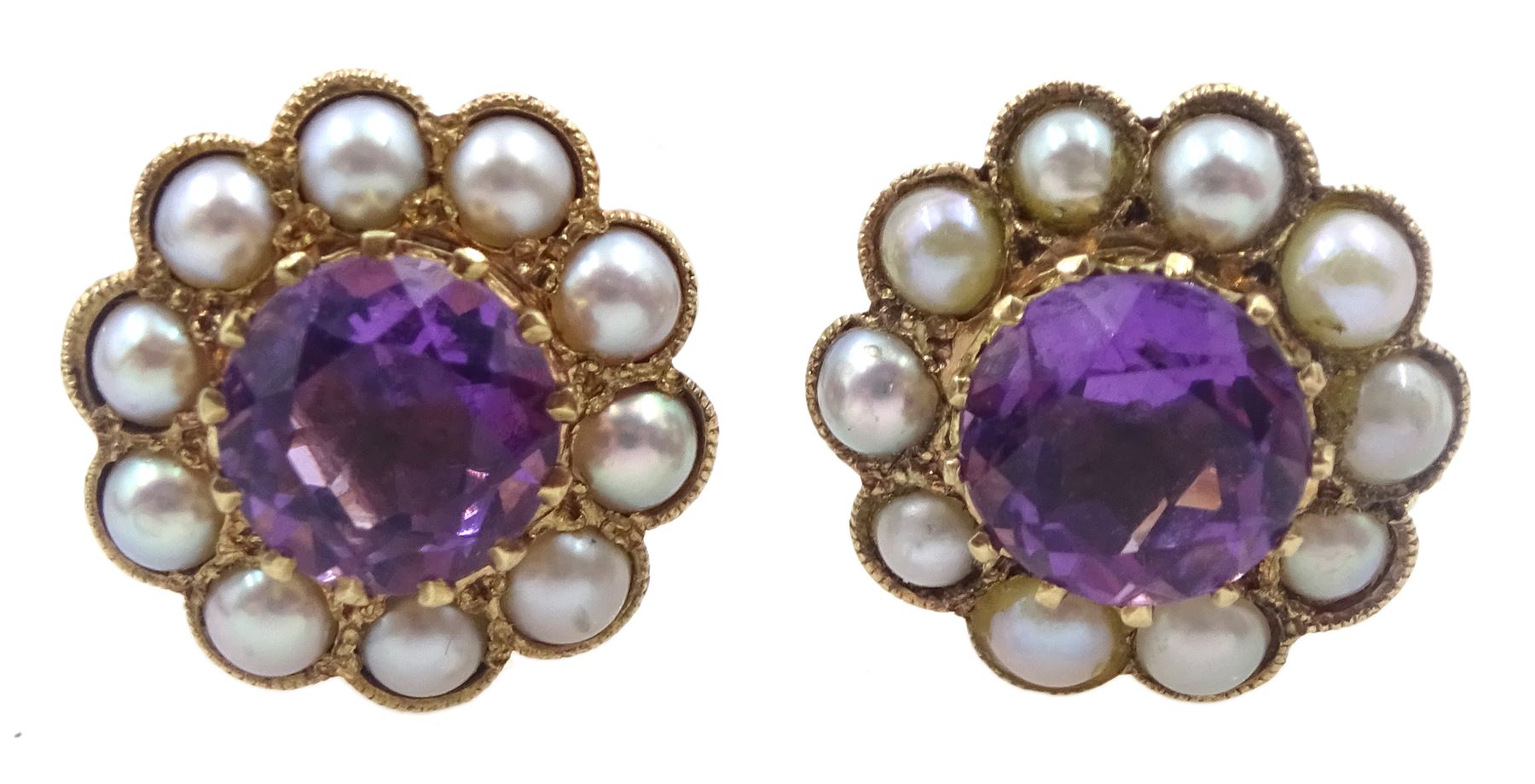 Pair of amethyst and split pearl cluster screw back earrings