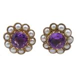 Pair of amethyst and split pearl cluster screw back earrings