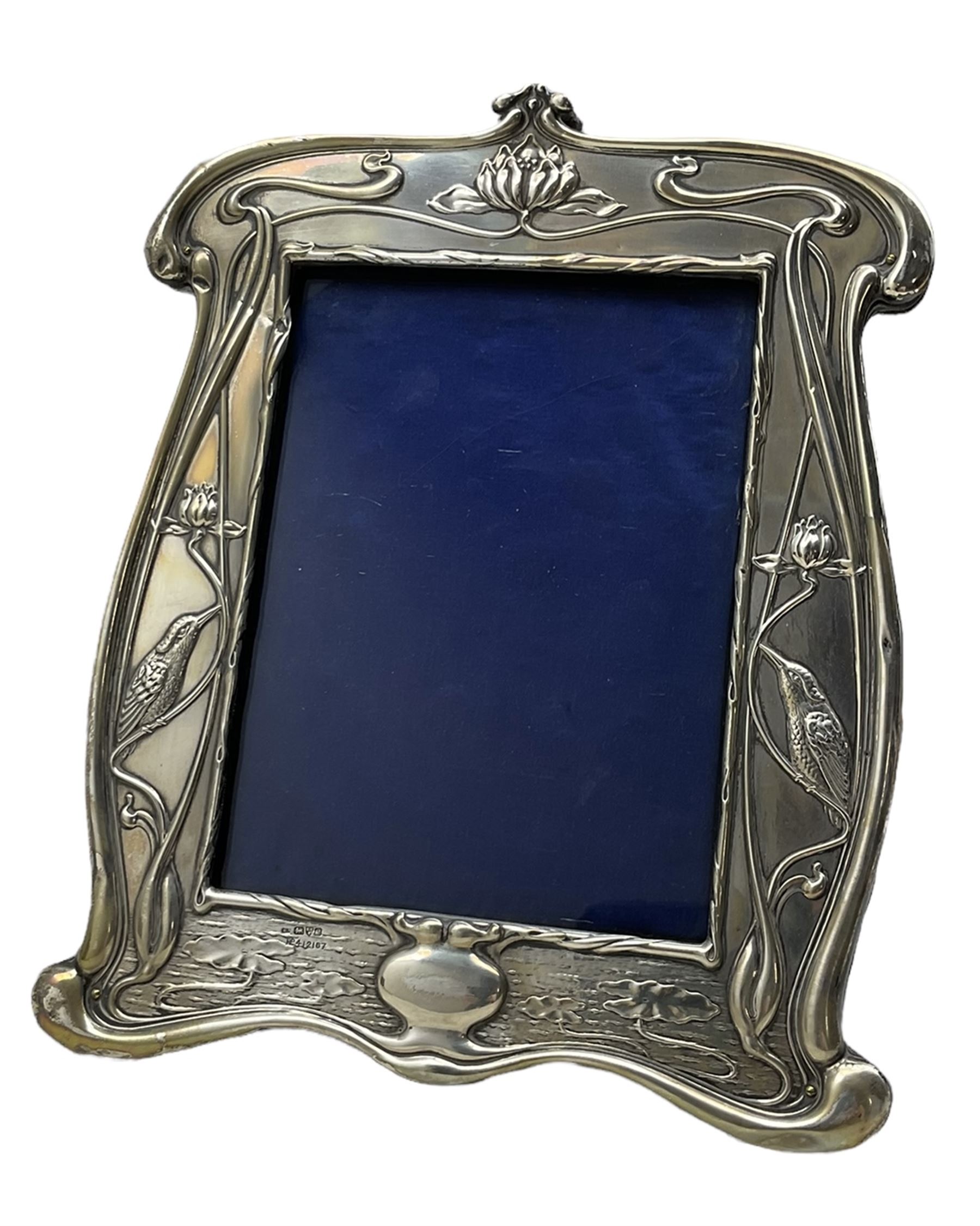 Edwardian Art Nouveau silver photograph frame with birds on flowering branches