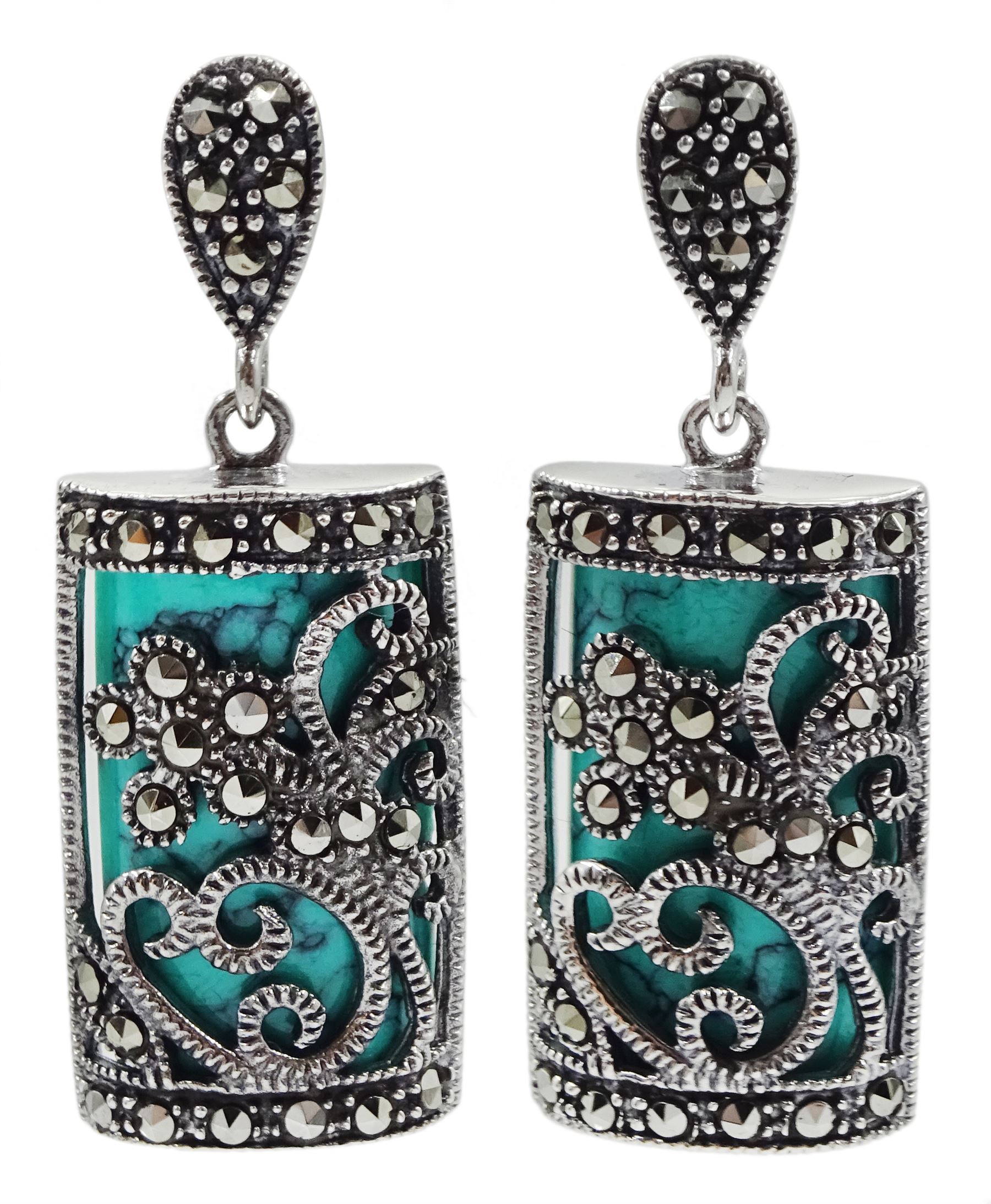 Pair of silver marcasite and turquoise pendant stud earrings