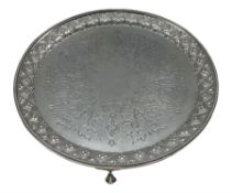 Victorian engraved silver salver with raised border on claw and ball feet D26cm Sheffield 1864 Maker