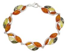 Silver tri-coloured marquise Baltic amber bracelet