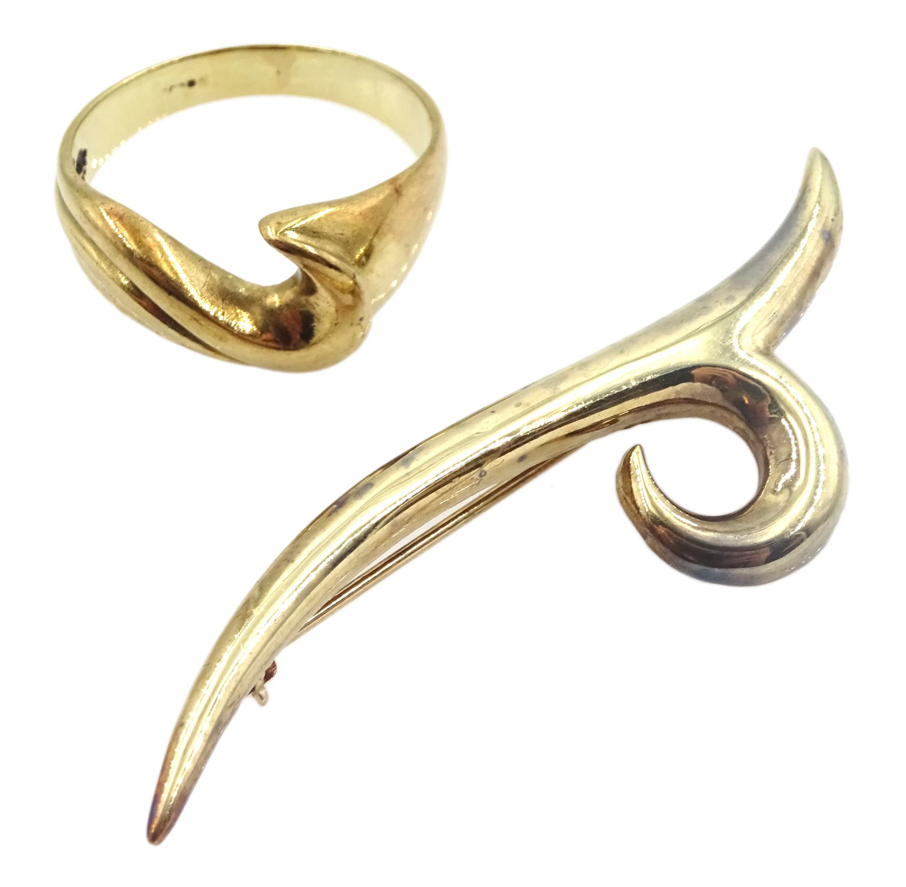 Gold swirl ring and a similar gold bar brooch