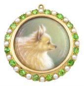 Early 20th century gold demantoid garnet and split pearl circular pendant