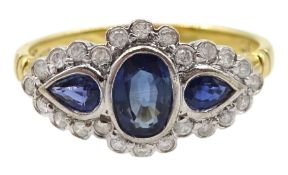 18ct gold three stone pear and oval cut sapphire ring