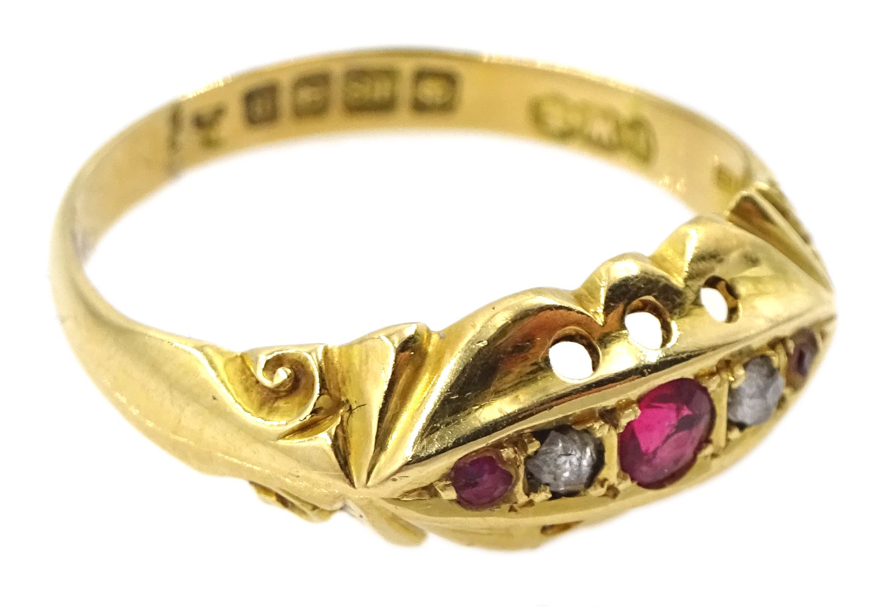 Early 20th century 18ct gold five stone diamond and pink stone ring - Image 3 of 5