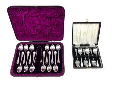 Set of twelve Victorian silver coffee spoons and tongs with rat tail bowls London 1887 Maker William