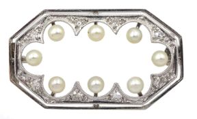 Early-mid 20th century platinum and white gold diamond and pearl brooch