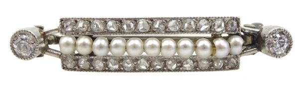 Art Deco platinum milgrain set diamond and pearl bar brooch