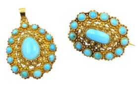 19th/early 20th gold turquoise pendant and matching brooch