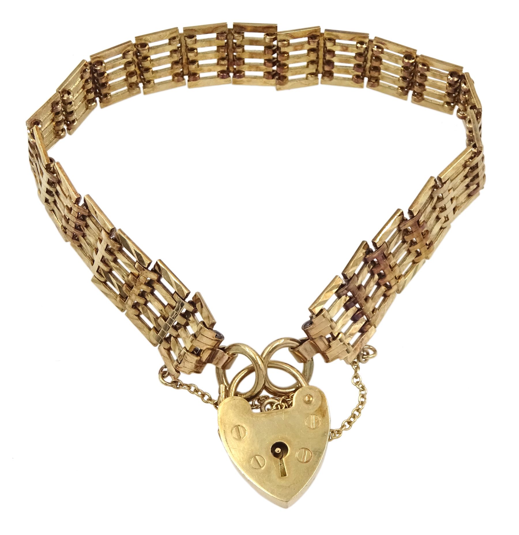 9ct gold five bar gate bracelet with heart locket clasp