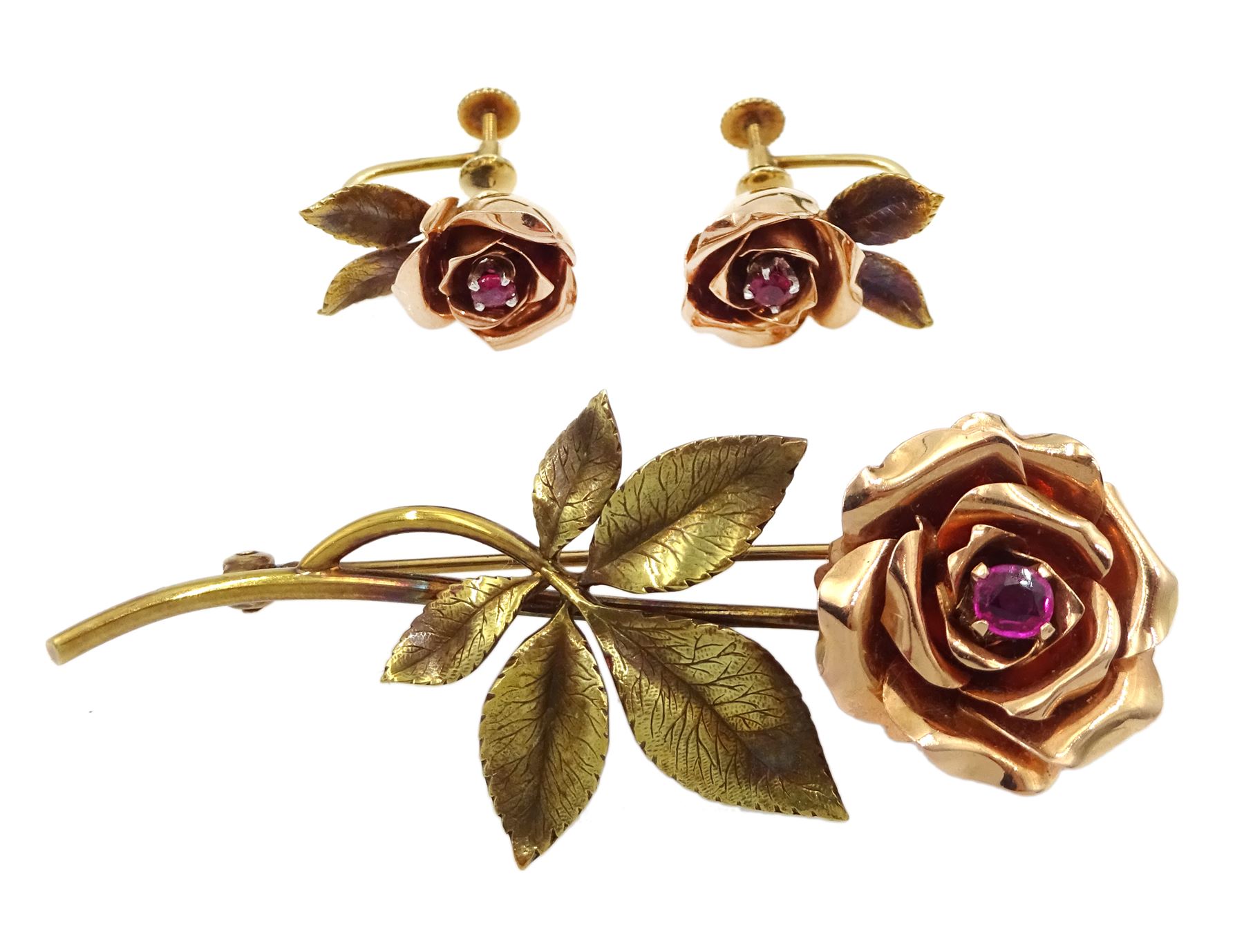 14ct gold yellow and rose gold rose brooch set with a ruby and pair of matching screw back earrings