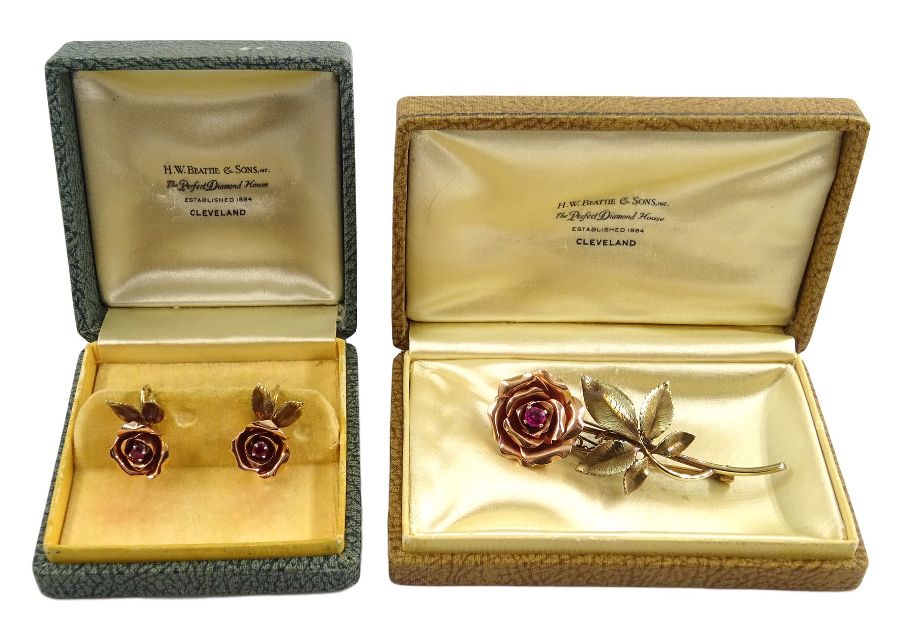 14ct gold yellow and rose gold rose brooch set with a ruby and pair of matching screw back earrings - Image 2 of 7