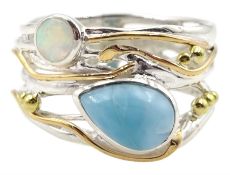 Silver and 14ct gold wire opal and larimar ring