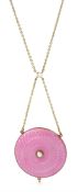 Edwardian 15ct gold circular pink guilloche enamel and pearl pendant