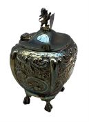 Edwardian silver tea caddy with lion and shield shape lift