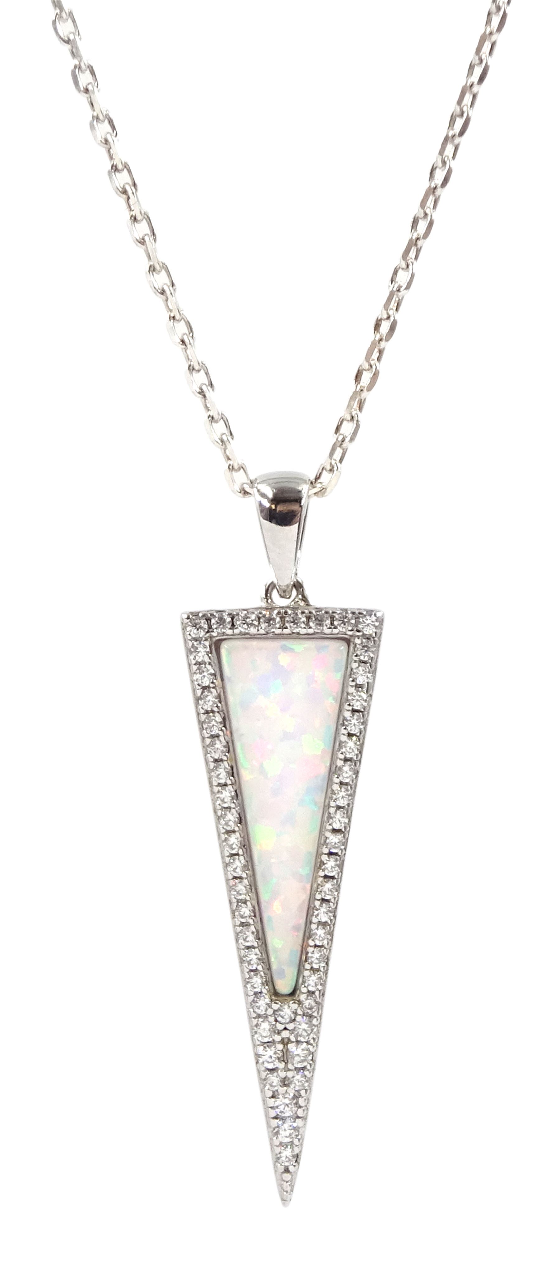 Silver opal and cubic zirconia triangle pendant necklace
