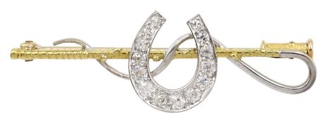 18ct white and yellow gold old cut diamond horseshoe and riding crop brooch