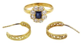 20ct gold blue and white paste stone cluster ring and a pair of 18ct gold hoop earrings