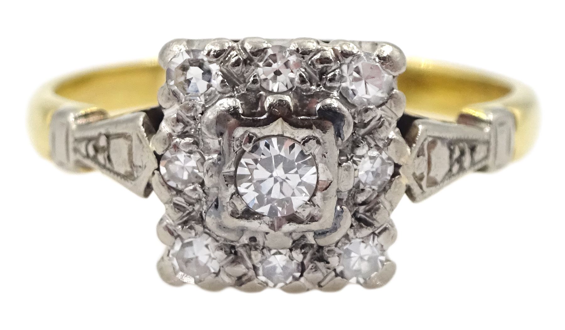 Gold square shaped round cut diamond cluster ring