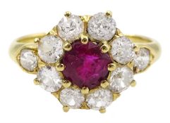 18ct gold ruby and old cut diamond cluster ring