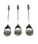 Three silver spoons with St Cuthbert finials L20cm London 1908 Maker Josiah Williams & Co 6.5oz