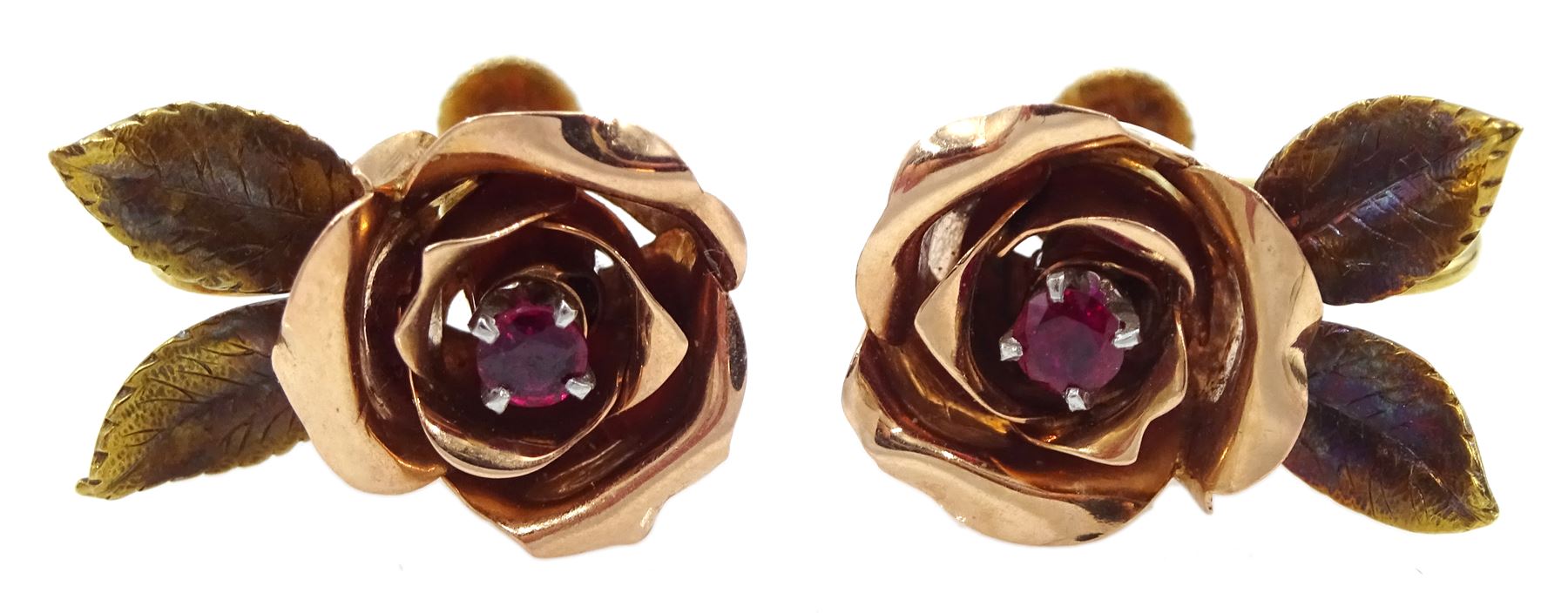 14ct gold yellow and rose gold rose brooch set with a ruby and pair of matching screw back earrings - Image 4 of 7