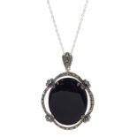 Silver black onyx and marcasite pendant necklace