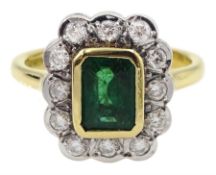 18ct gold emerald and round brilliant cut diamond cluster ring