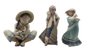 Pair of Lladro Gres figures from the Children with Animals series 'Mountain Shepherd' No2163 and 'My