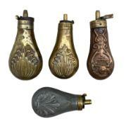 Four pistol powder flasks