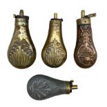 Four pistol powder flasks