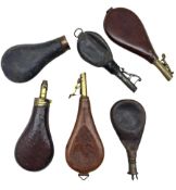 Group of six leather shot flasks including a tear drop shaped flask embossed with hunting scenes