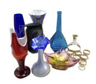Collection of Murano and art glass including a blue/brown glass vase in the style of Moretti H36cm