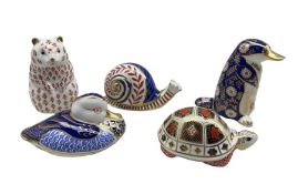Five Royal Crown Derby paperweights comprising a Platypus
