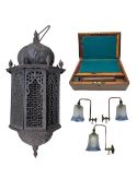 North African wooden lantern with fretwork panels H64cm approx.