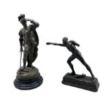 19th century bronzed spelter model of 'Pizarre' on circular ebonised plinth H57cm overall together w