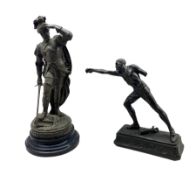 19th century bronzed spelter model of 'Pizarre' on circular ebonised plinth H57cm overall together w