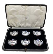 Cased set of six Crown Staffordshire porcelain decanter labels