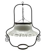 Hanging oil lamp with opaque glass shade with frill rim