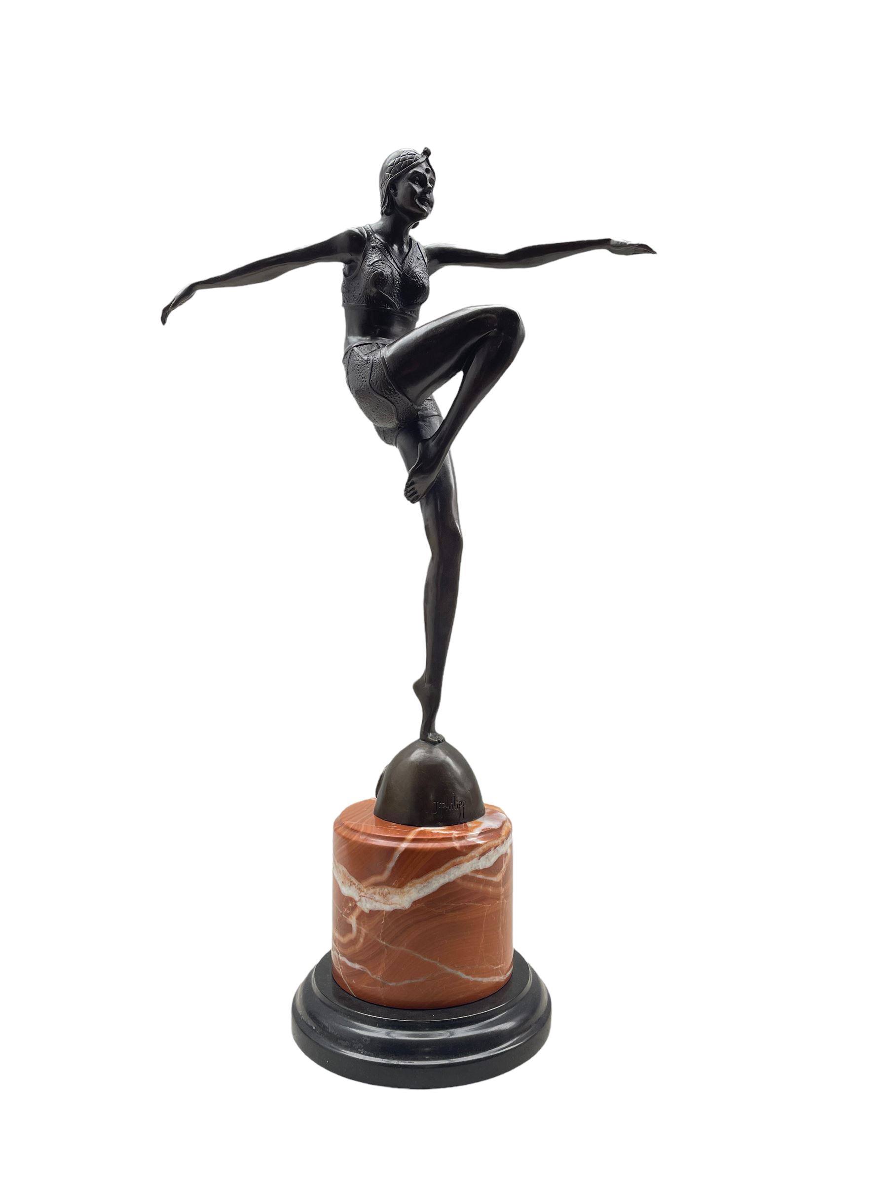 Bronze figure of a dancer after J. Philipp on a variegated vase