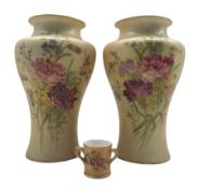 Pair of Royal Worcester blush ivory vases painted with flowers