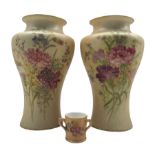 Pair of Royal Worcester blush ivory vases painted with flowers