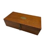 Victorian oak writing slope with brass plaque and escutcheon