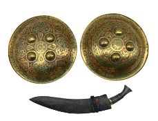 Pair of Indian brass shields D30cm and Kukri knife with horn handle and leather scabbard (3)