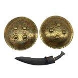 Pair of Indian brass shields D30cm and Kukri knife with horn handle and leather scabbard (3)