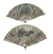 19th century mother-of-pearl and silk fan with painted panel by J. Besnard and a similar fan painte