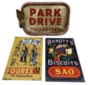 Park Drive Cigarettes enamelled advertising sign in tubular mount and two other advertising signs