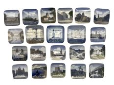 Twenty-one Royal Copenhagen square porcelain pin dishes including scenes of 'Skoleskibet'