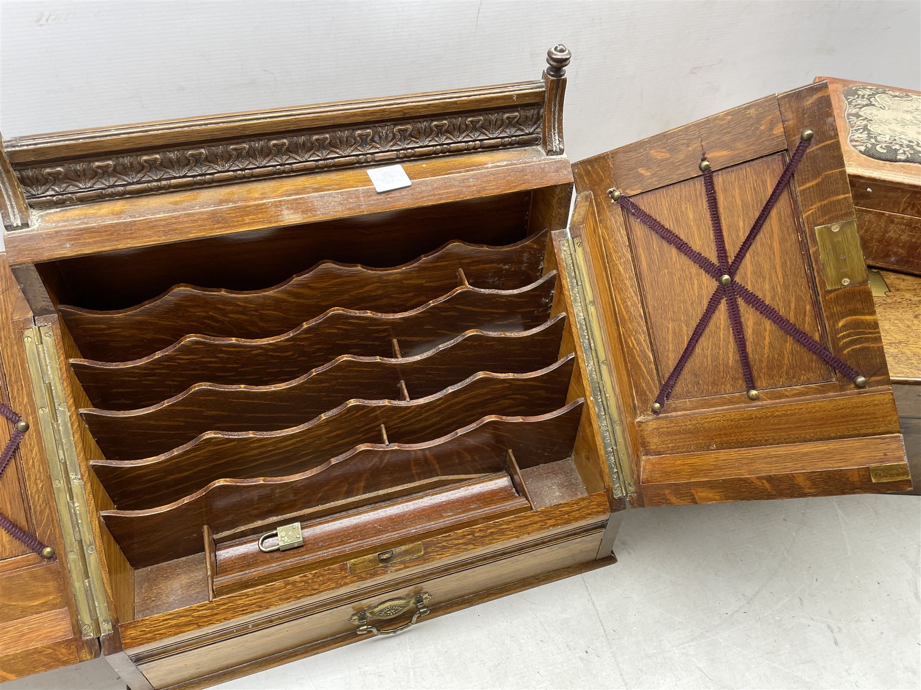 Edwardian oak correspondence box with two panelled doors carved with acanthus leaves below a raised - Image 2 of 3